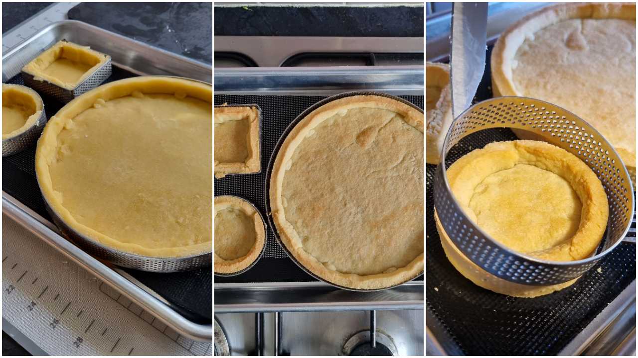 A three-part sequence showing the baking process: frozen tart crusts before baking, baked crusts and removing the tart rings.