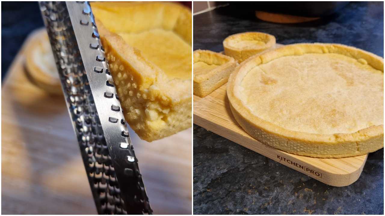 A two-part sequence showing the final product: grating the perforations and the crusts on a wooden board.