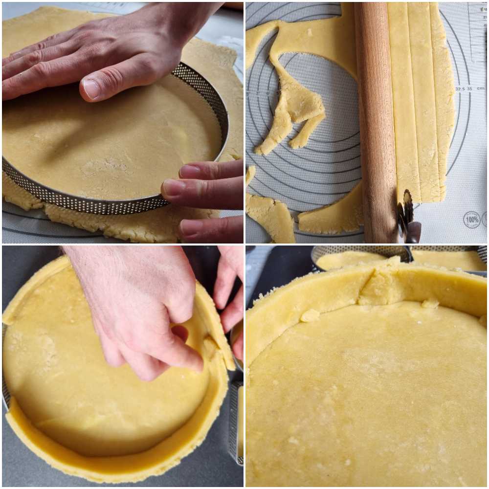 A four-part sequence showing tart crust preparation: cutting out the base, cutting out the strips, lining the rings with the dough and the finished unbaked crust.