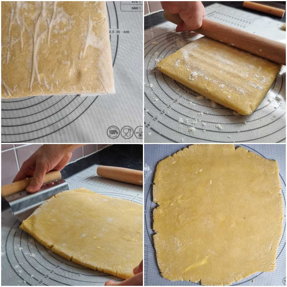 A four-part sequence showing dough preparation: indenting the dough, rolling it out, rotating the dough and the finished rolled-out shape.